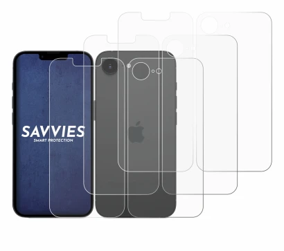 Abbildung des Geräts Apple iPhone 17e (Display+Rückseite) mit einer Vielzahl des Displayschutzes.