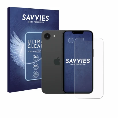 Vorderseite einer Produktverpackung mit dem Markenlogo Savvies. Daneben ist das Gerät Apple iPhone 17e (Display+Kamera) mit de