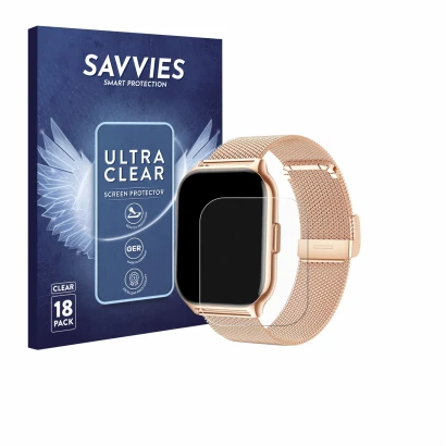 Vorderseite einer Produktverpackung mit dem Markenlogo Savvies. Daneben ist das Gerät APAUK Smartwatch 2.01" mit dem zugehörig