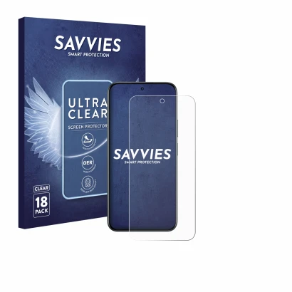 Vorderseite einer Produktverpackung mit dem Markenlogo Savvies. Daneben ist das Gerät realme C85 5G mit dem zugehörigen Displa