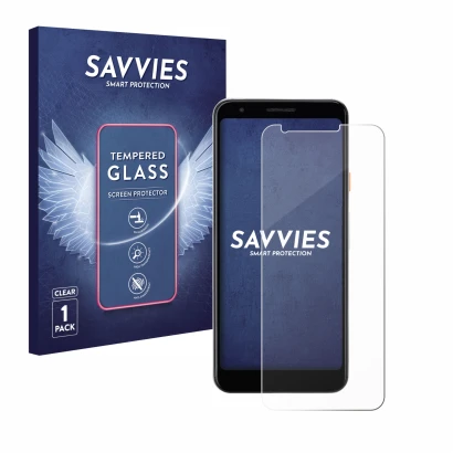 Vorderseite einer Produktverpackung mit dem Markenlogo Savvies. Daneben ist das Gerät Google Pixel 3a mit dem zugehörigen Disp