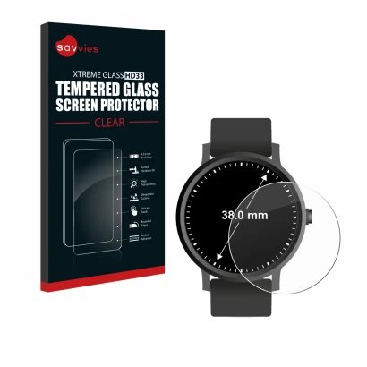 Vorderseite einer Produktverpackung mit dem Markenlogo Savvies. Daneben ist das Gerät Kreisrunde Displays (ø: 38 mm) mit dem z