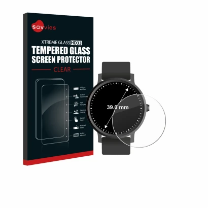 Vorderseite einer Produktverpackung mit dem Markenlogo Savvies. Daneben ist das Gerät Kreisrunde Displays (ø: 39 mm) mit dem z