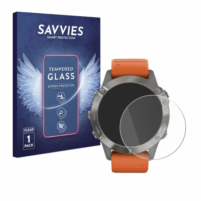 Vorderseite einer Produktverpackung mit dem Markenlogo Savvies. Daneben ist das Gerät Garmin Fenix 6 Pro mit dem zugehörigen D