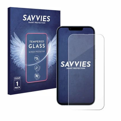 Vorderseite einer Produktverpackung mit dem Markenlogo Savvies. Daneben ist das Gerät Apple iPhone 13 Pro mit dem zugehörigen 