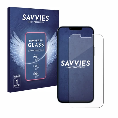 Vorderseite einer Produktverpackung mit dem Markenlogo Savvies. Daneben ist das Gerät Apple iPhone 13 Pro Max mit dem zugehöri