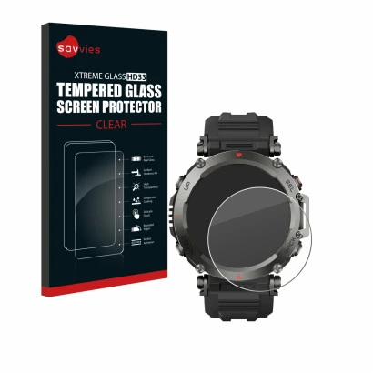 Vorderseite einer Produktverpackung mit dem Markenlogo Savvies. Daneben ist das Gerät Huami Amazfit T-Rex Ultra mit dem zugehö