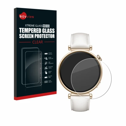 Vorderseite einer Produktverpackung mit dem Markenlogo Savvies. Daneben ist das Gerät Huawei Watch GT 4 (41mm) mit dem zugehör