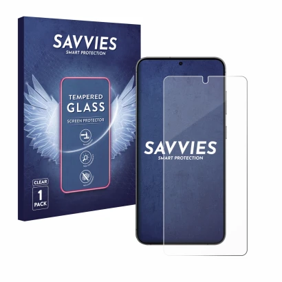 Vorderseite einer Produktverpackung mit dem Markenlogo Savvies. Daneben ist das Gerät Samsung Galaxy S24 Plus mit dem zugehöri