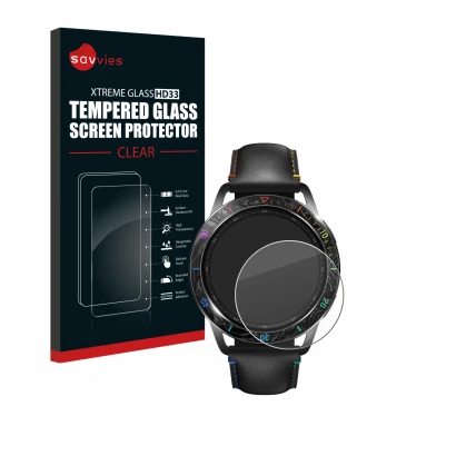 Vorderseite einer Produktverpackung mit dem Markenlogo Savvies. Daneben ist das Gerät Xiaomi Watch S3 mit dem zugehörigen Disp