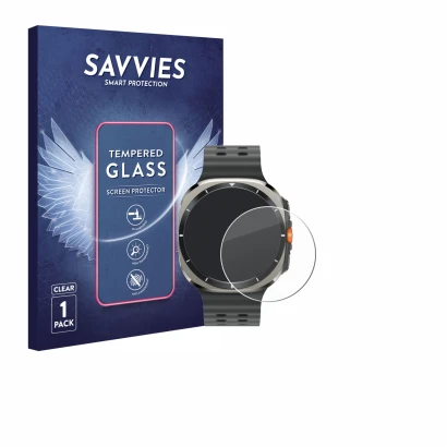 Vorderseite einer Produktverpackung mit dem Markenlogo Savvies. Daneben ist das Gerät Samsung Galaxy Watch Ultra (47 mm) mit d