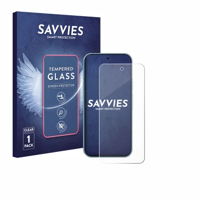 Vorderseite einer Produktverpackung mit dem Markenlogo Savvies. Daneben ist das Gerät Google Pixel 9 Pro mit dem zugehörigen D