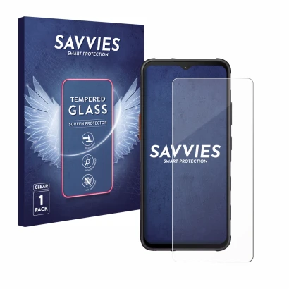 Vorderseite einer Produktverpackung mit dem Markenlogo Savvies. Daneben ist das Gerät Samsung Galaxy XCover 7 Enterprise Editi