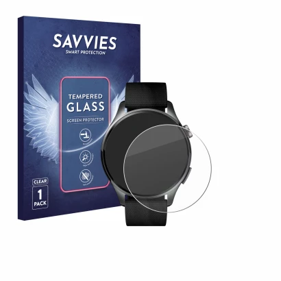 Vorderseite einer Produktverpackung mit dem Markenlogo Savvies. Daneben ist das Gerät Xiaomi Watch 5 (47 mm) mit dem zugehörig