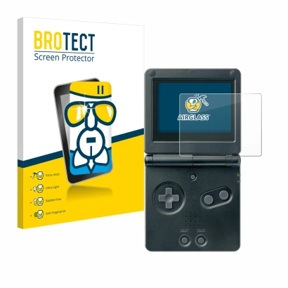 Vorderseite einer Produktverpackung mit dem Markenlogo BROTECT. Daneben ist das Gerät Nintendo Gameboy Advance GBA SP mit dem