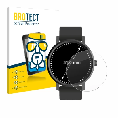 Vorderseite einer Produktverpackung mit dem Markenlogo BROTECT. Daneben ist das Gerät Armbanduhren (Kreisrund, ø: 31 mm) mit d