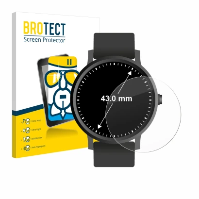 Vorderseite einer Produktverpackung mit dem Markenlogo BROTECT. Daneben ist das Gerät Armbanduhren (Kreisrund, ø: 43 mm) mit d