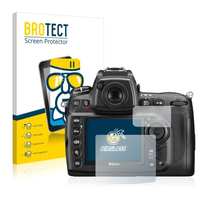 Vorderseite einer Produktverpackung mit dem Markenlogo BROTECT. Daneben ist das Gerät Nikon D700 mit dem zugehörigen Displaysc