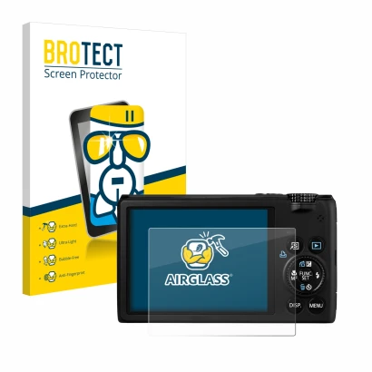 Vorderseite einer Produktverpackung mit dem Markenlogo BROTECT. Daneben ist das Gerät Canon PowerShot S95 mit dem zugehörigen 