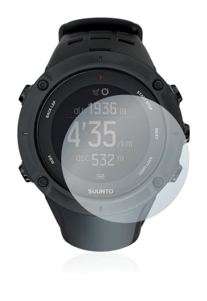 Abbildung des Geräts Suunto Ambit3 Peak Black mit einer Vielzahl des Displayschutzes.