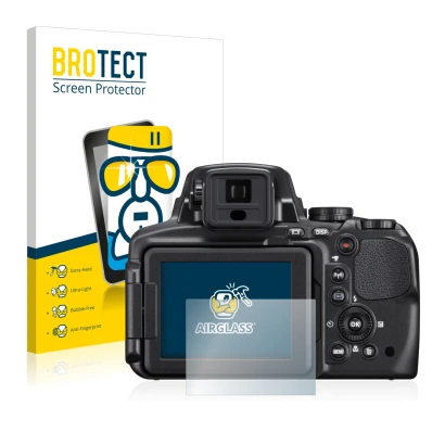 Vorderseite einer Produktverpackung mit dem Markenlogo BROTECT. Daneben ist das Gerät Nikon Coolpix P900 mit dem zugehörigen D