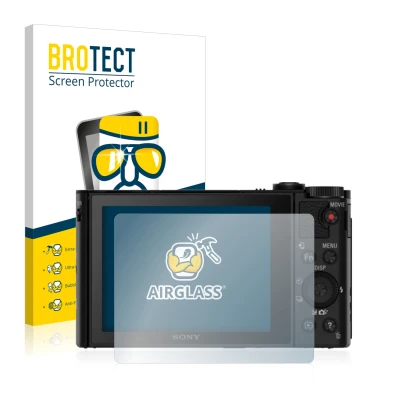 Vorderseite einer Produktverpackung mit dem Markenlogo BROTECT. Daneben ist das Gerät Sony Cyber-Shot DSC-HX80 mit dem zugehör