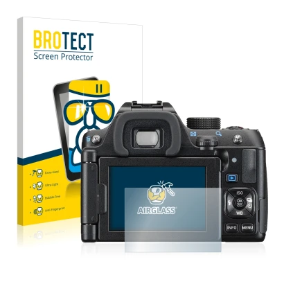 Vorderseite einer Produktverpackung mit dem Markenlogo BROTECT. Daneben ist das Gerät Pentax K-70 mit dem zugehörigen Displays