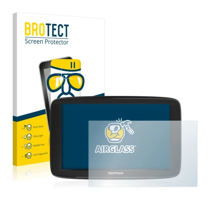 Vorderseite einer Produktverpackung mit dem Markenlogo BROTECT. Daneben ist das Gerät TomTom Start 62 mit dem zugehörigen Disp