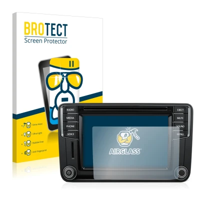 Vorderseite einer Produktverpackung mit dem Markenlogo BROTECT. Daneben ist das Gerät Volkswagen T6 2015 Discover Media Plus 6