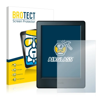 Vorderseite einer Produktverpackung mit dem Markenlogo BROTECT. Daneben ist das Gerät Amazon Kindle 2016 (8. Gen.) mit dem zug