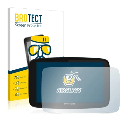 Vorderseite einer Produktverpackung mit dem Markenlogo BROTECT. Daneben ist das Gerät TomTom GO 520 mit dem zugehörigen Displa