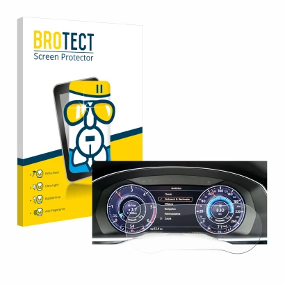 Vorderseite einer Produktverpackung mit dem Markenlogo BROTECT. Daneben ist das Gerät Volkswagen Tiguan 2017 Active Info Cockp