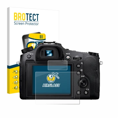 Vorderseite einer Produktverpackung mit dem Markenlogo BROTECT. Daneben ist das Gerät Sony Cyber-Shot DSC-RX10 IV mit dem zuge