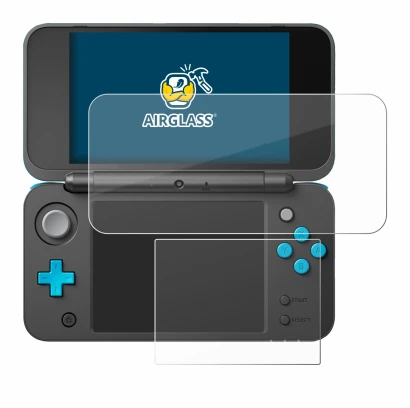 Abbildung des Geräts New Nintendo 2DS XL mit einer Vielzahl des Displayschutzes.