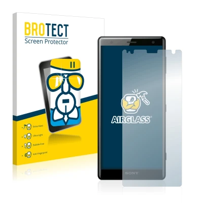 Vorderseite einer Produktverpackung mit dem Markenlogo BROTECT. Daneben ist das Gerät Sony Xperia XZ2 mit dem zugehörigen Disp