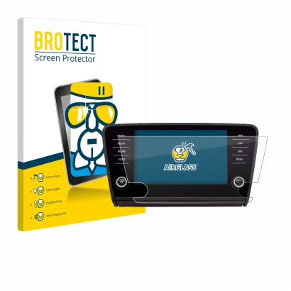 Vorderseite einer Produktverpackung mit dem Markenlogo BROTECT. Daneben ist das Gerät Skoda Amundsen Superb 2018 Infotainment 