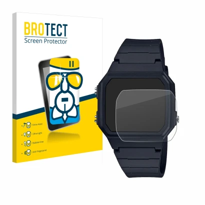 Vorderseite einer Produktverpackung mit dem Markenlogo BROTECT. Daneben ist das Gerät Casio Unisex F-91W mit dem zugehörigen D