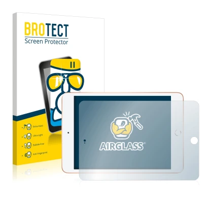 Vorderseite einer Produktverpackung mit dem Markenlogo BROTECT. Daneben ist das Gerät Apple iPad Mini 5 2019 (im Querformat, 5