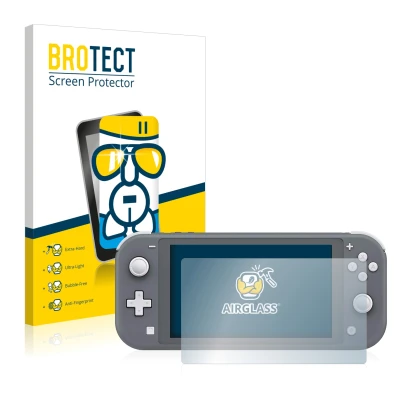 Vorderseite einer Produktverpackung mit dem Markenlogo BROTECT. Daneben ist das Gerät Nintendo Switch Lite mit dem zugehörigen
