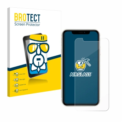 Vorderseite einer Produktverpackung mit dem Markenlogo BROTECT. Daneben ist das Gerät Apple iPhone 11 mit dem zugehörigen Disp