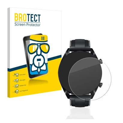 Vorderseite einer Produktverpackung mit dem Markenlogo BROTECT. Daneben ist das Gerät Huawei Watch GT 2 (46 mm) mit dem zugehö