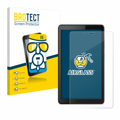 Vorderseite einer Produktverpackung mit dem Markenlogo BROTECT. Daneben ist das Gerät Lenovo Tab M7 mit dem zugehörigen Displa