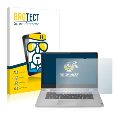 Vorderseite einer Produktverpackung mit dem Markenlogo BROTECT. Daneben ist das Gerät Lenovo IdeaPad C340 15" mit dem zugehöri