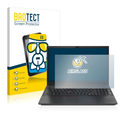 Vorderseite einer Produktverpackung mit dem Markenlogo BROTECT. Daneben ist das Gerät Lenovo ThinkPad E15 mit dem zugehörigen 