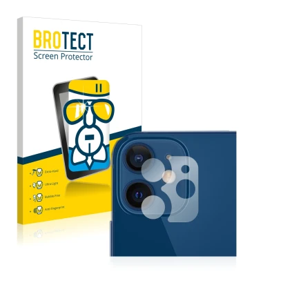 Vorderseite einer Produktverpackung mit dem Markenlogo BROTECT. Daneben ist das Gerät Apple iPhone 12 (NUR Kameraschutz) mit d