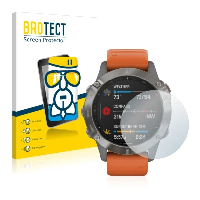 Vorderseite einer Produktverpackung mit dem Markenlogo BROTECT. Daneben ist das Gerät Garmin Fenix 6 Pro Solar mit dem zugehör