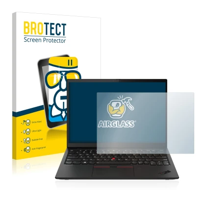 Vorderseite einer Produktverpackung mit dem Markenlogo BROTECT. Daneben ist das Gerät Lenovo ThinkPad X1 Nano mit dem zugehöri