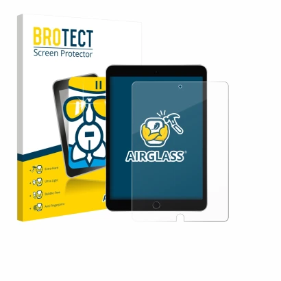 Vorderseite einer Produktverpackung mit dem Markenlogo BROTECT. Daneben ist das Gerät Apple iPad 10.2" 2020 (8. Gen.) mit dem 