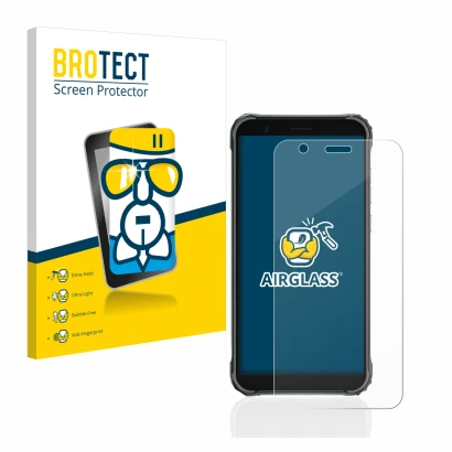 Vorderseite einer Produktverpackung mit dem Markenlogo BROTECT. Daneben ist das Gerät Blackview BV4900 Pro mit dem zugehörigen