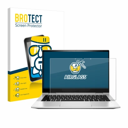 Vorderseite einer Produktverpackung mit dem Markenlogo BROTECT. Daneben ist das Gerät HP EliteBook x360 830 G8 mit dem zugehör